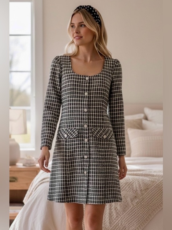 Taylor Dresses & Skirts - Taylor Black & White Tweed Long-Sleeve Button Front Dress